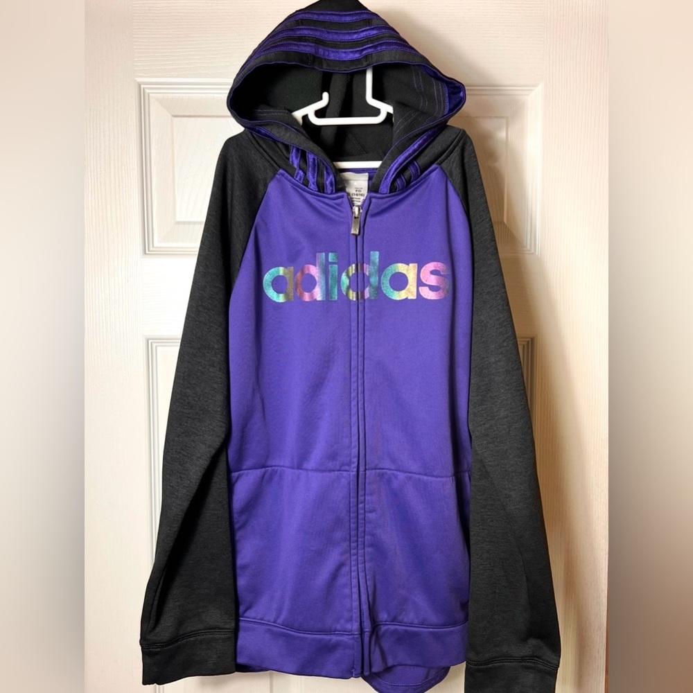 (READ)Girls XL Adidas Hoodie Sweatshirt Full-Zip Lightweight Fleece Lined Purple